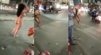 கொழுத்த ஆன்டி நியூட் பப்ளிக் வாக்கிங் போகிறாள்